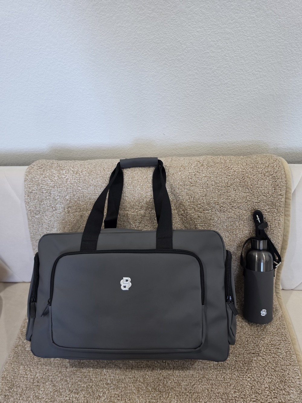 Boss Gray Men’s Gym or Travel Bag with Water Bottle.